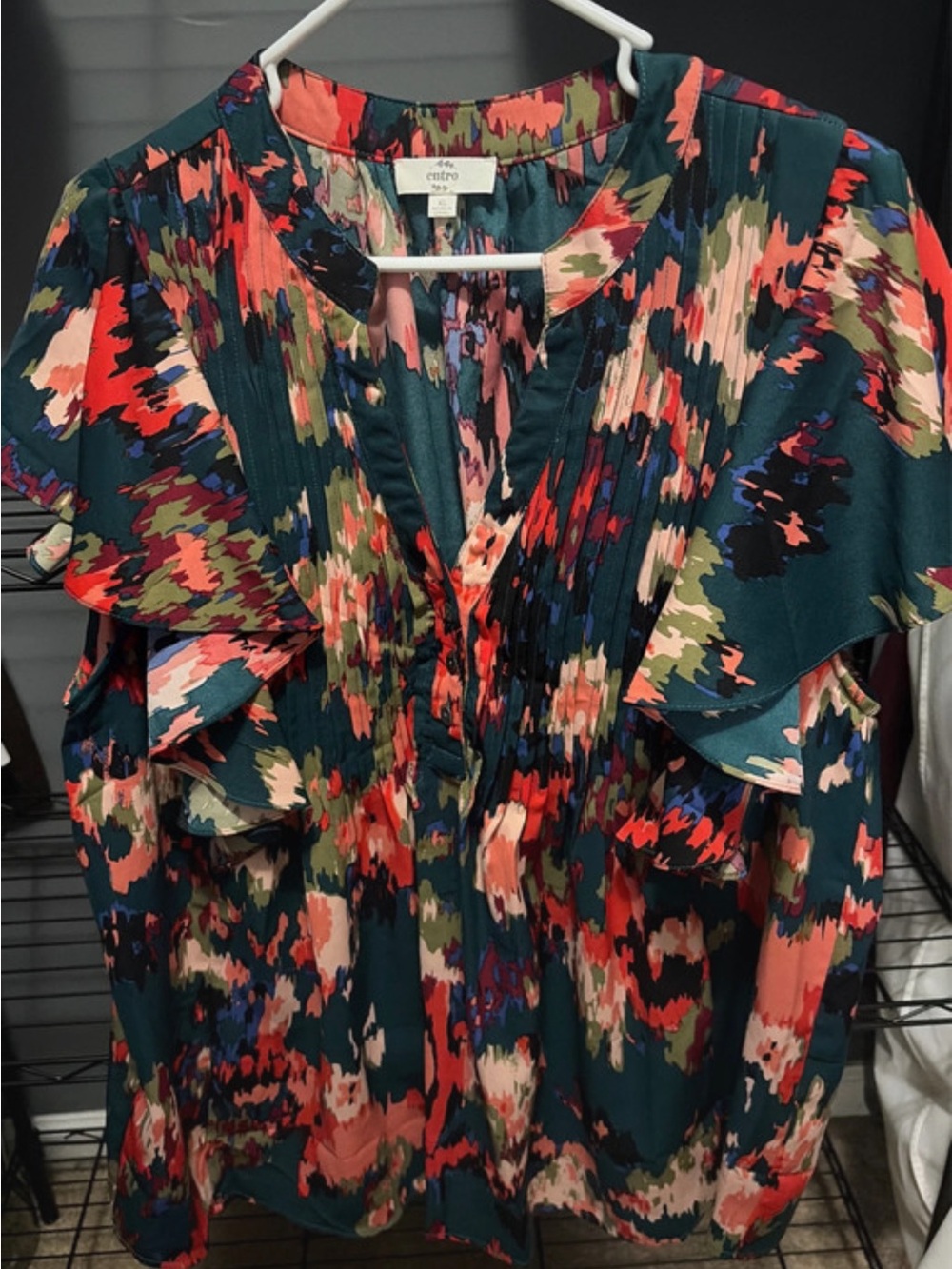 entro Teal Multi-Color Floral Ruffle Blouse